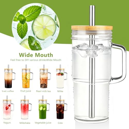 Birity 24oz Glass Tumbler with/Lid & Straw, Handle 2‐Pack Iced Coffee