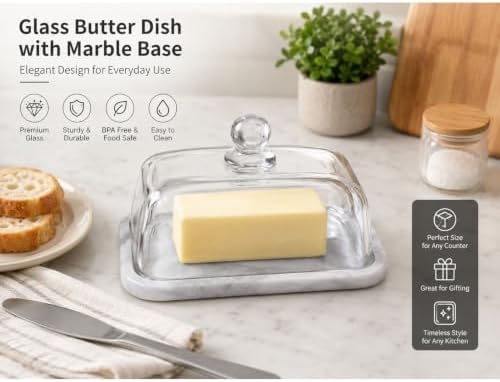 Marble Butter Dish with Glass Lid, Large Butter Dish for Countertop