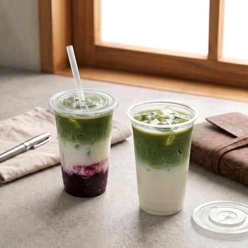 VITEVER 100 Sets - 12oz Clear Plastic Cups with Lids and Straws