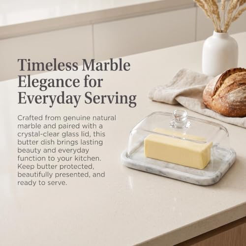 Marble Butter Dish with Glass Lid, Large Butter Dish for Countertop