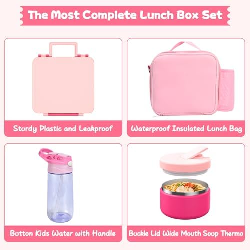 Kids Bento Lunch Box with 8oz Soup Thermo, Water Bottle, Leakproof
