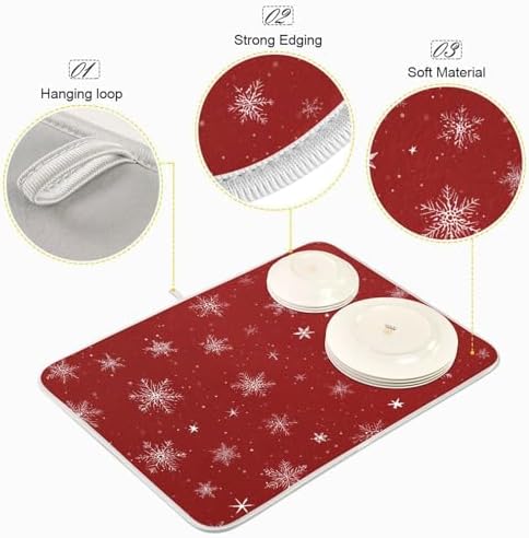 OTVEE Snowflake in Red Tone Dish Drying Mat for Kitchen Counter