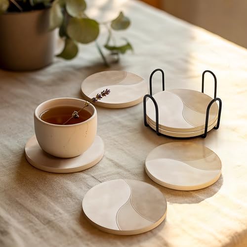 VEYRO Absorbent Ceramic Stone Drink Coasters Set of 6 with Holder