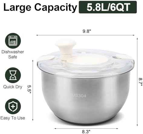 Stainless Steel Salad Spinner, Lettuce Spinner with Drain 5.3 QT