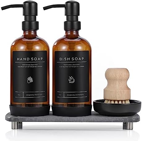 Kitchen Soap Dispenser Set, 16OZ Amber Glass Bottle