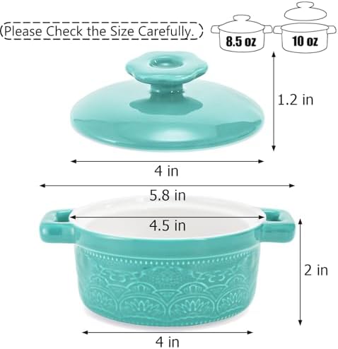 Hacaroa Set of 6 Mini Cocotte with Lid, 8 Oz Ceramic Ramekins with