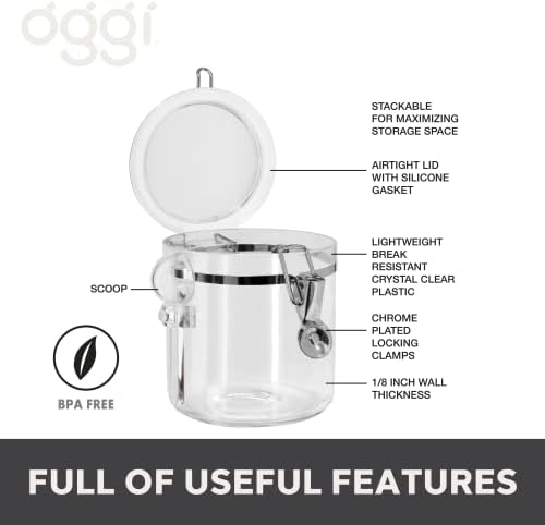 OGGI Clear Canister Airtight 38oz - Clamp Lid & Spoon - Airtight Food