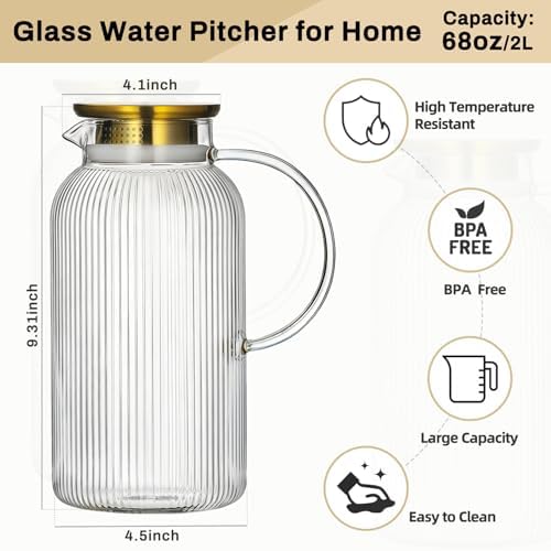 Buaic 2 PACK Glass Pitcher with Silicone Base, 68 oz Water Pitcher