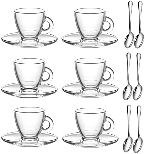 Espresso Cups with Saucers and Spoons Set of 6, Glass Demitasse Cups