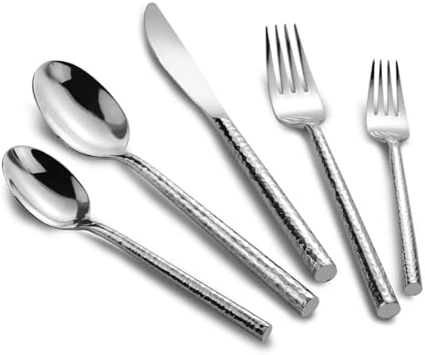 Silverware Set Round Hammered Handle 60 Pieces Service for 12