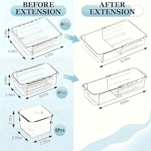 14 Pcs Expandable Clear Drawer Organizers, 3-Size Adjustable Storage