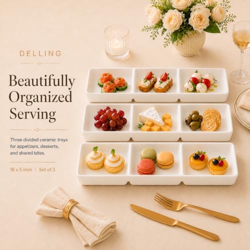 DELLING 16x5 Inch Ceramic 3-Section Serving Tray Set of 3, Stackable