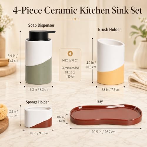 Bosilunlife Ceramic Soap Dispenser Set with Sponge Cup, Brush Cup &