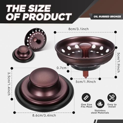 Hushee 2 Pcs 3.5 Inch Kitchen Sink Strainer Stopper, Oil Rubbed Bronze