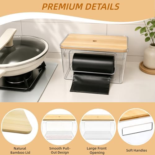 1 Pack Trash Bag Dispenser with Bamboo Lid, Stackable Trash Bag Holder
