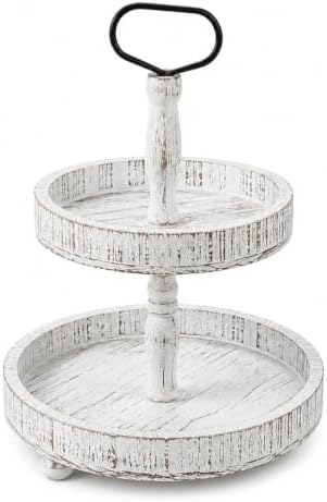 Rustic Farmhouse 2 Tier Wooden Serving Tray with Metal Handle