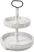 Rustic Farmhouse 2 Tier Wooden Serving Tray with Metal Handle