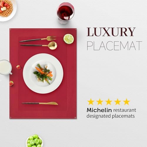Red Placemats Set of 4, 12x18 Inch Faux Linen Table Mats
