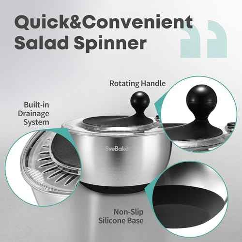 5.3Qt Stainless Steel Salad Spinner with Stop Button, BPA-Free Vegetable Lettuce Spinner, Transparent Lid & Drainage Hole, Non-Slip Base, Dishwasher Safe Fruit Washer