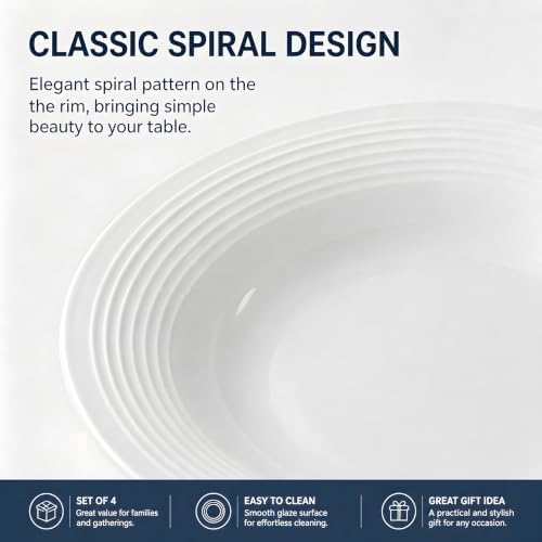 Soup and Pasta Bowls Set of 4, 9.25in Porcelain Wide Rim Plates