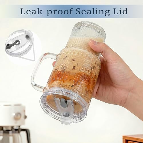 WACOI Thick Hobnail Glass Cup with Lids and Straws 18 oz, 2 Pack
