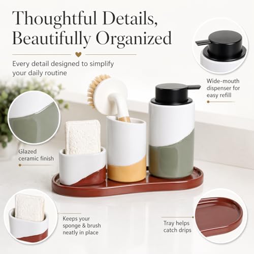 Bosilunlife Ceramic Soap Dispenser Set with Sponge Cup, Brush Cup &