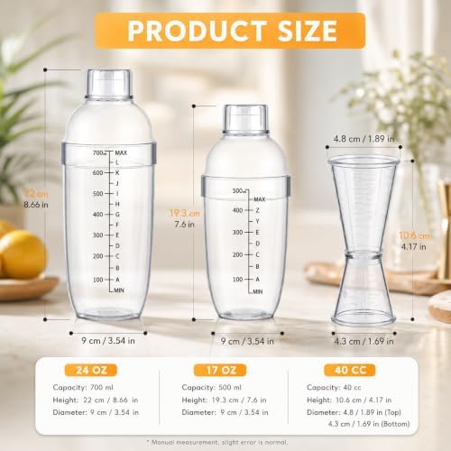 Uiifan 6 Pcs Plastic Cocktail Shaker Set 4 Pcs 17 oz 24 oz Hand Drink