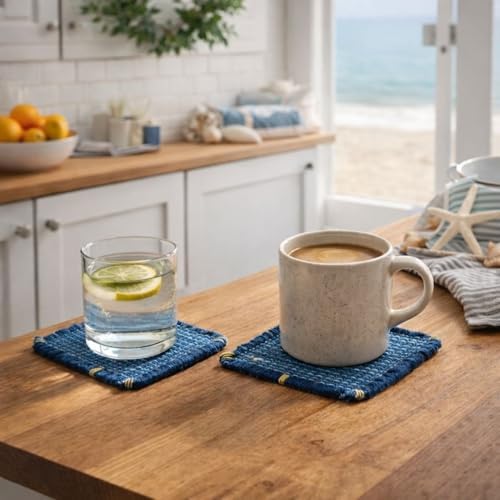 Boho Woven Coasters for Coffee Table Decor - Set of 6, Absorbent Blue