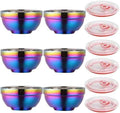 Rainbow Bowl Set of 6 with Lids, Stainless Steel Dinnerware Metal Double-walled Insulated Cereal Bowls for Eating Kitchen, Dishwasher Safe and Unbreakable