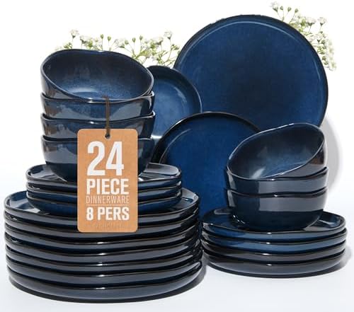 Pokini Stoneware Dinnerware Sets for 8, 24Pcs Ceramic Plates and Bowls Sets