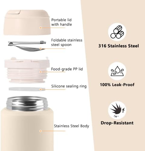 Insulated Vacuum Food Jar with Spoon, 18oz, White