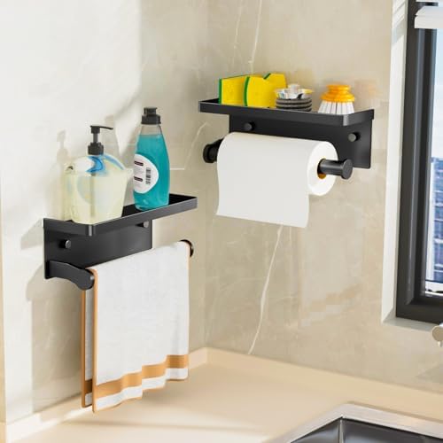 Black Wall Mount Paper Towel Holder with Shelf