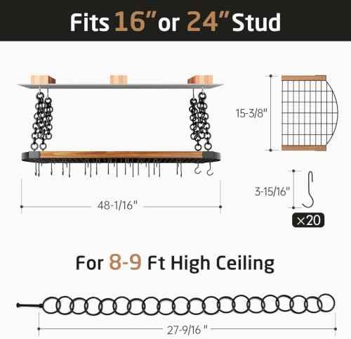 KES 48 Inch Large Hanging Pot Rack Ceiling Mount with 130lb High-Capacity