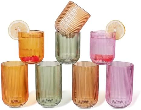 Set of 8 Dopamine-colored-match Ribbed Glassware,4 Highball Glasses