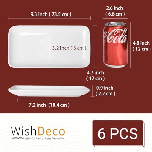 WishDeco Small Rectangle Plates Set of 6, White Serving Platters 9Inch