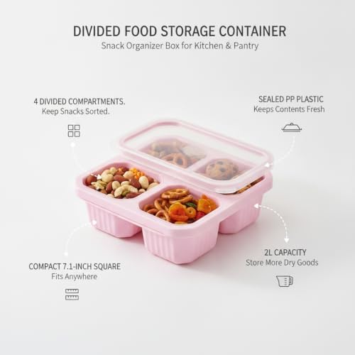 Divided Food Storage Container with Lid, 4-Compartment Snack Organizer
