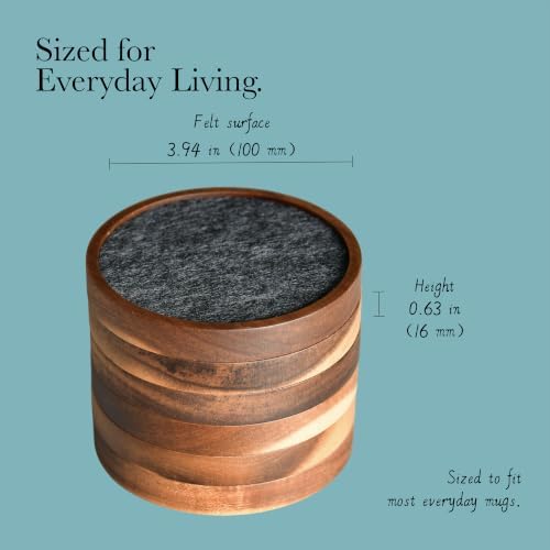 Acacia Wood Coasters 4.3 Inch Set of 6, Felt Top Cork Bottom