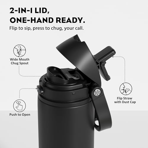 POWCAN 24 oz Insulated Water Bottle: 2-in-1 Push-Button Spout &