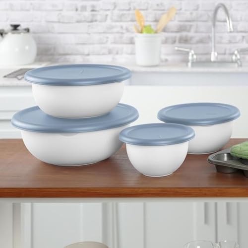 Sterilite Covered Mixing Bowl Set, Nesting Plastic, Washed Blue