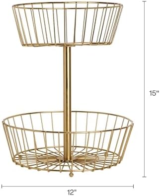 Gourmet Basics by Mikasa Geneva 2-Tier Countertop Fruit Basket Gold-Finish Metal Storage Stand for Kitchen Countertop Organization, Produce Display