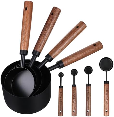 Stainless Steel Measuring Cups Set and Measuring Spoons Wooden Handle
