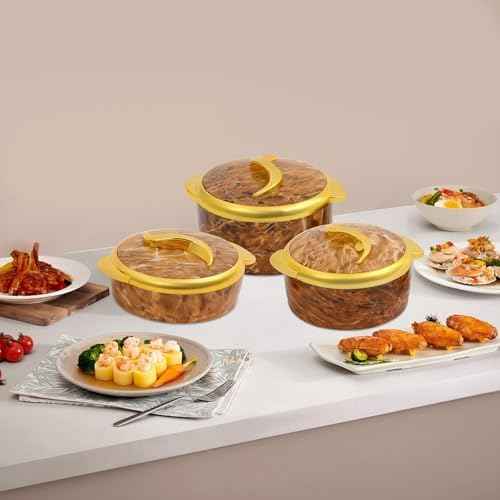 3-Piece Thermal Dish Set with Lids, Insulated Stainless Steel Container, Serving Bowl & Casserole Dish, Round Yellow & Gold, 0.4/0.53/0.66gal, 4H Insulation for Hot & Cold Food