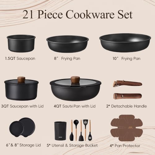 CAROTE 21pcs Pots and Pans Set Non Stick, Detachable Handle Cookware
