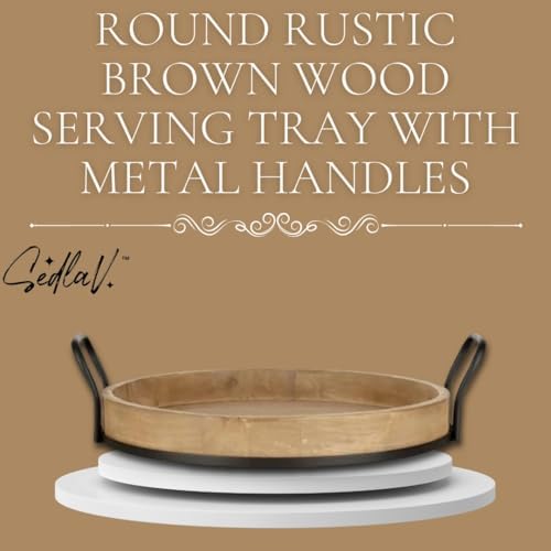 SEDLAV Round Rustic Brown Wood Serving Tray with Metal Handles