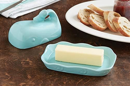 Fox Run Ceramic Whale Butter Dish with Lid, 7", Aqua Blue Cute Butter