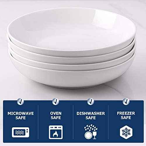 DOWAN 9.75" Pasta Bowls Set of 4, Large Shallow White Ceramic Salad