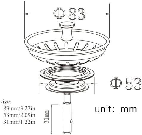 Gold Sink Strainer Drain Plug Stainless Steel Filter Basket 83mm/3.27