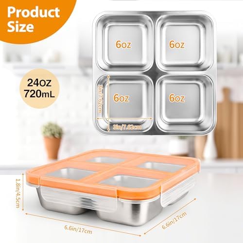 4 Pack Stainless Steel Snack Containers with Lids, 4-Compartment