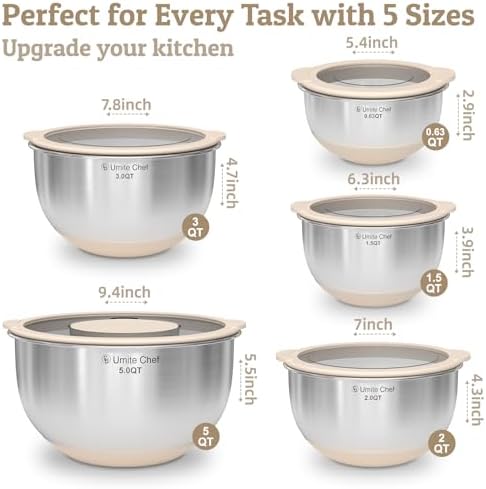 Mixing Bowles Set with Lids Set - Warp-Proof TPR-AS Lids, Stainless