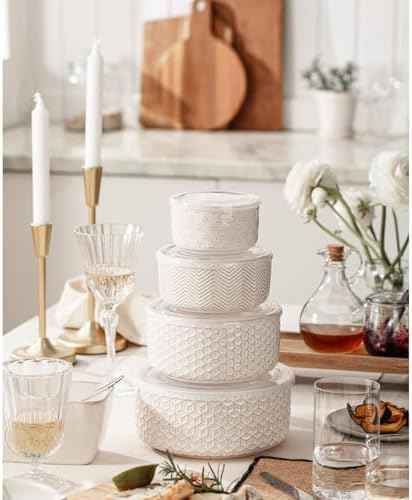 Serving Bowls with Lids, Ceramic Nesting Bowls Set of 4, Off-White